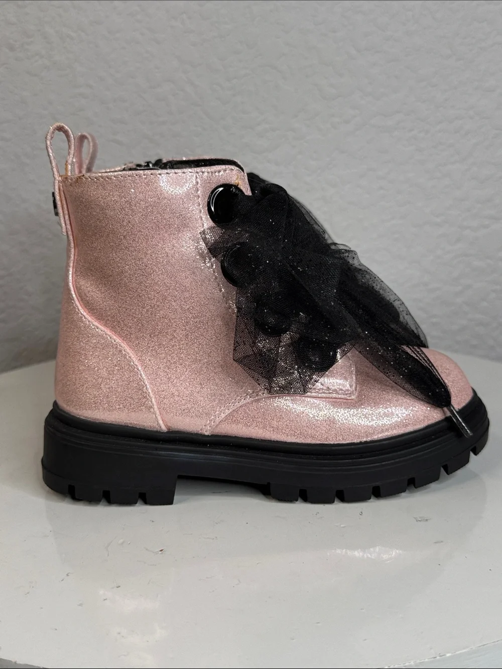 NINA CHASSY LIGHT PINK SHIMMER GLITTER COMBAT BOOTS BLACK TULLE LACES SIZE 10